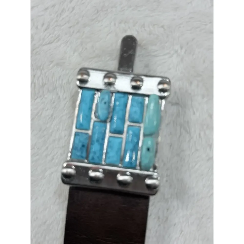 Chicos Turquoise Leather Belt Brown Silver O Ring Buckle Western Southwestern ML